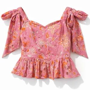 Hemant & Nandita Pink Floral Eyelet Tie Strap Peplum Top Size M
